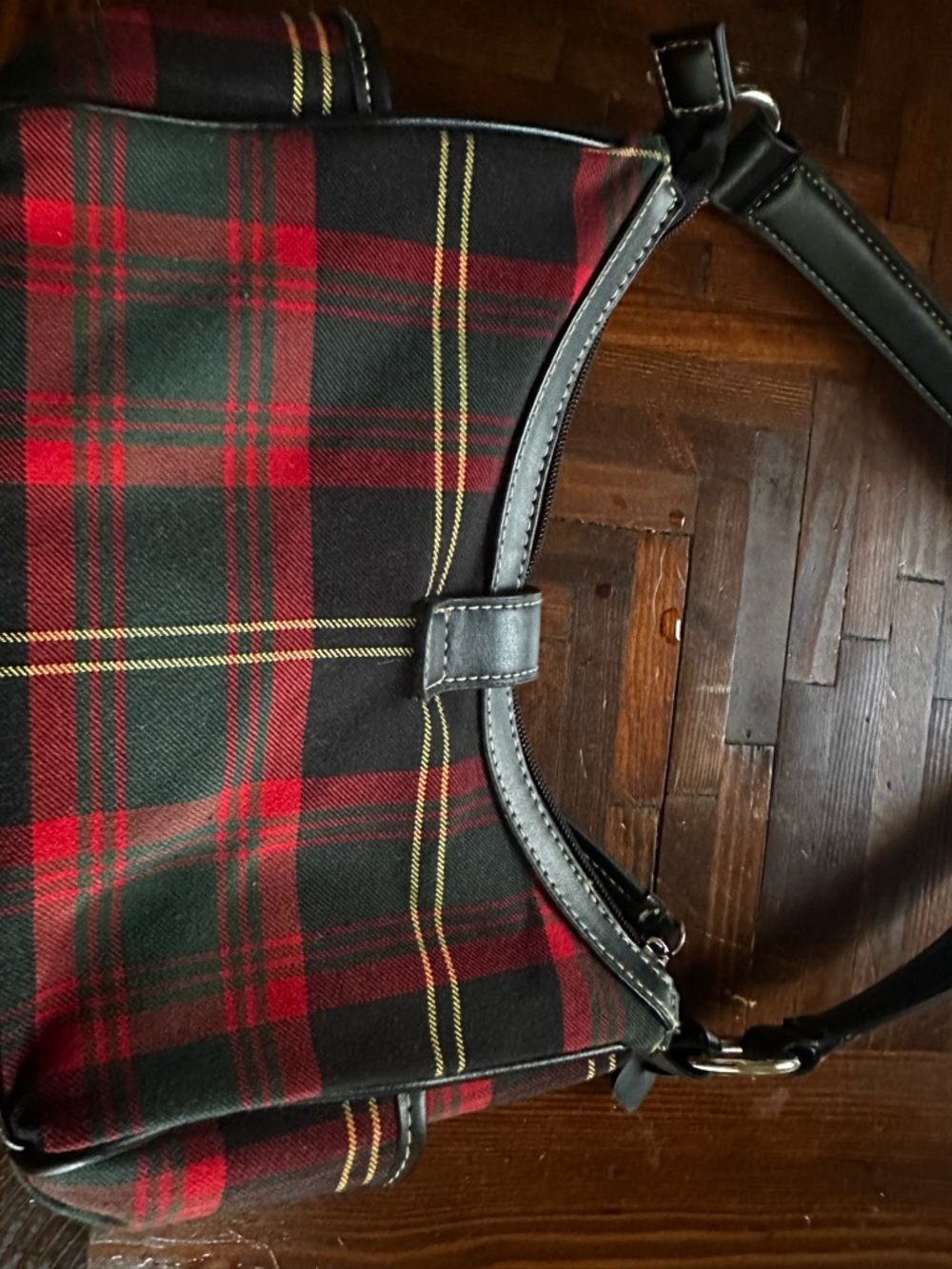 Chaps Red and Black Plaid Shoulder Bag with Leather Trim - Picture 3 of 4